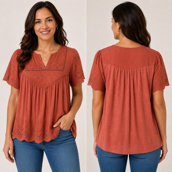 Knox Rose Tops - Knox Rose Womens XS Rust Orange Eyelet Embroidered Boho Peasant Top Blouse
